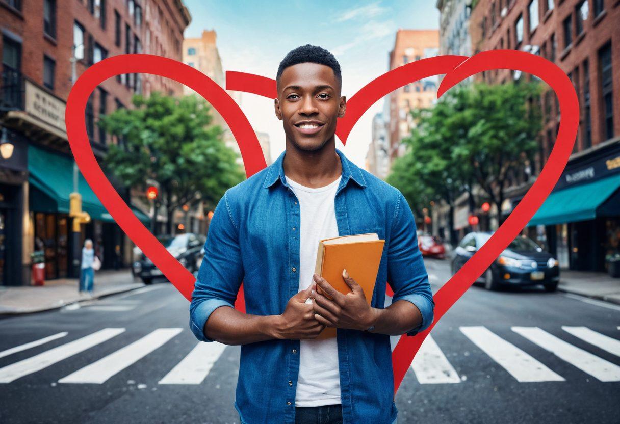 A confident modern man standing at a crossroads, symbolizing personal growth and relationship mastery. The background features a blend of vibrant city life and serene nature, signifying balance. In one hand, he holds a book titled 'Self-Improvement', and in the other, a heart representing relationships. The overall tone is motivational, with warm lighting highlighting the man's expression. super-realistic. vibrant colors. dynamic composition.