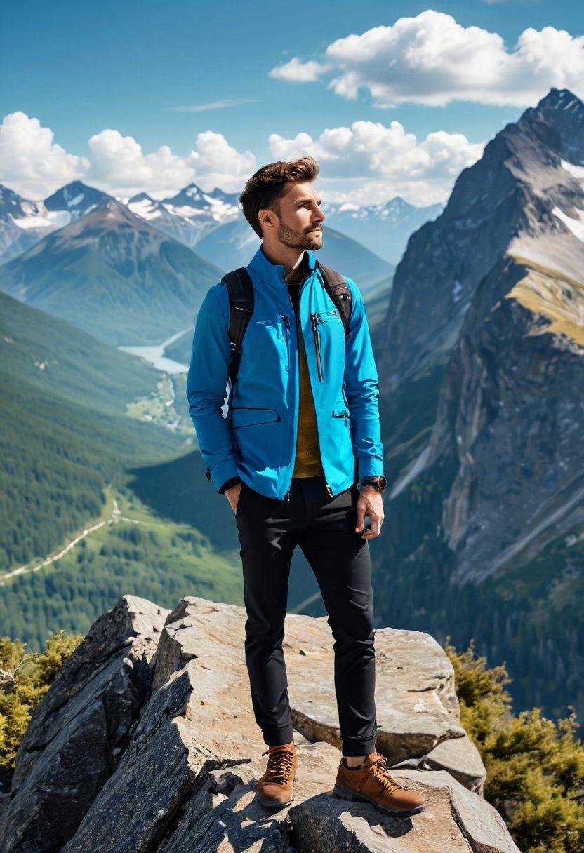 A dynamic scene featuring an elegant man dressed in stylish, modern fashion, standing confidently on a mountain peak, with a breathtaking view of nature. Include elements of adventure like hiking gear and gadgets, blended with hints of luxury such as minimalistic jewelry. The background should hint at various lifestyle activities like dining and traveling, incorporating vibrant colors that evoke energy and sophistication. super-realistic. vibrant colors. 3D.
