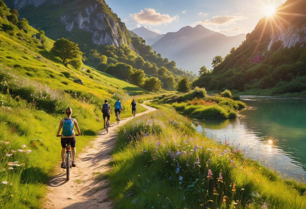 A vibrant landscape depicting a serene hiking trail winding through lush green mountains, with a sunrise casting warm golden light. Show a diverse group of people practicing mindfulness through yoga poses, some cycling nearby, and others meditating by a tranquil lake. Include elements of nature, such as butterflies and flowers, to emphasize the connection between adventure and well-being. super-realistic. vibrant colors. peaceful atmosphere.